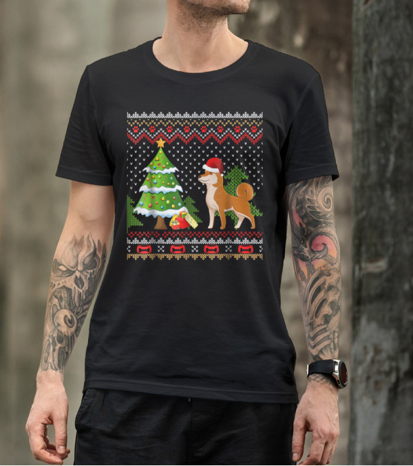 Shiba Inu Santa Christmas Tree Presents UglyDog T-Shirt