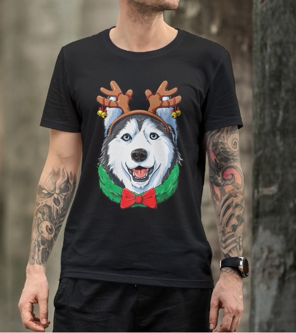 Siberian Husky With Christmas Reindeer Antlers And Festive Bow T-Shirt