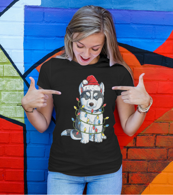 Siberian Husky Christmas Santa Hat Wrapped In Xmas Lights T-Shirt