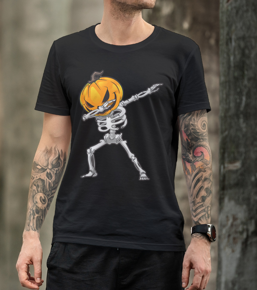Skeleton Dabbing Halloween Scary Pumpkin Head Dance T-Shirt