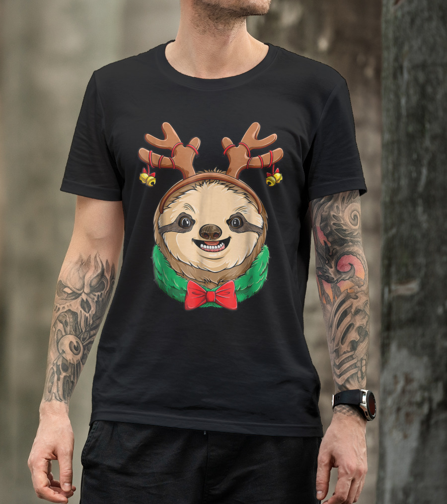 Sloth Christmas Reindeer Antlers Slothmas Xmas Festive Bow And Bells T-Shirt