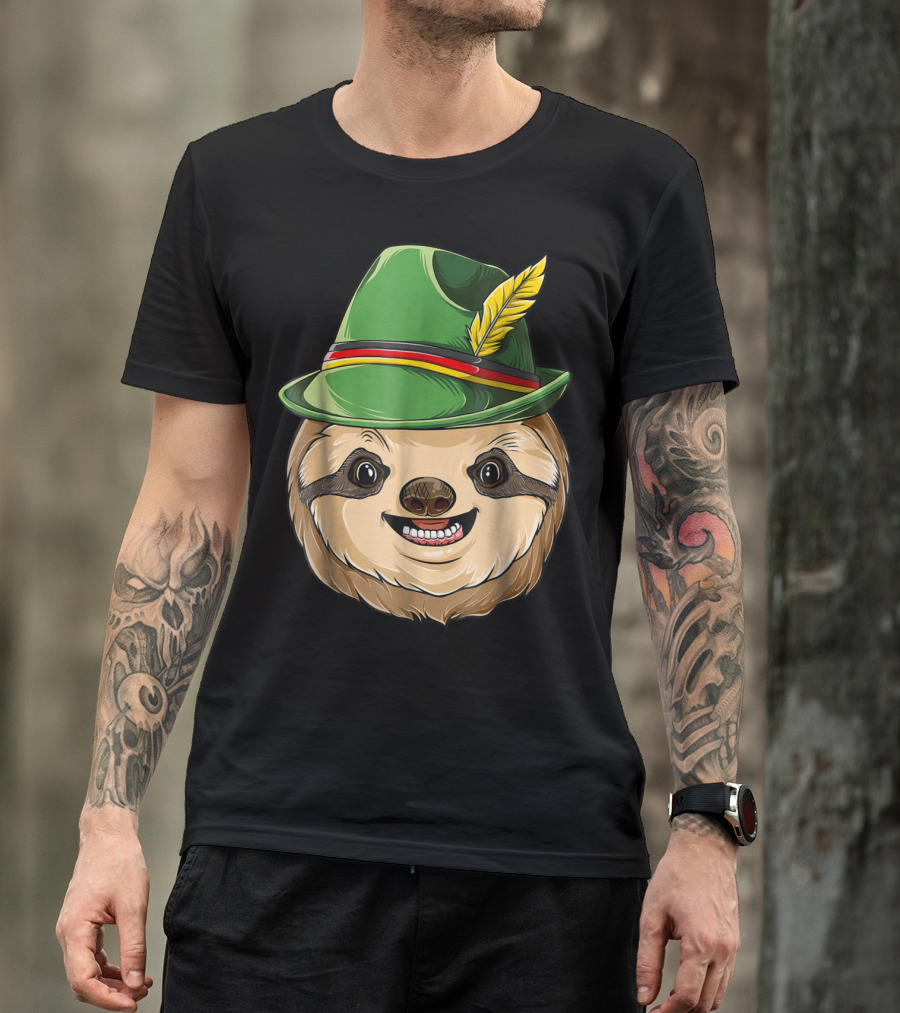 Sloth Oktoberfest Lederhosen Hat With Feather T-Shirt