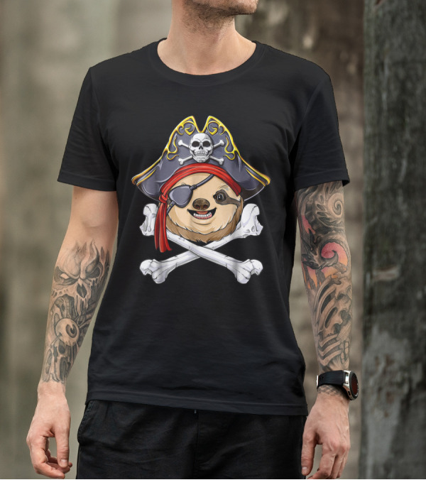 Pirate Sloth With Jolly Roger Skull And Crossbones T-Shirt