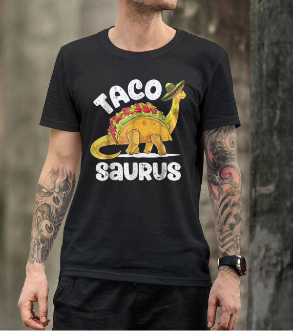 Tacosaurus Dinosaur Wearing Sombrero With Taco Shell Saddle T-Shirt