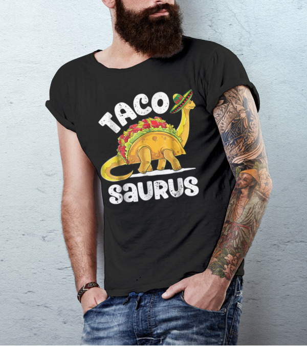 Tacosaurus Dinosaur Wearing Sombrero With Taco Shell Saddle T-Shirt