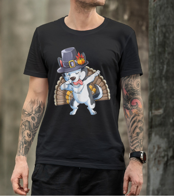 Thanksgiving Dabbing Siberian Husky In Pilgrim Hat With Turkey Feathers T-Shirt