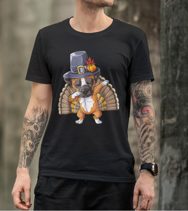 Thanksgiving Dabbing Boxer Turkey Dog In Pilgrim Hat T-Shirt