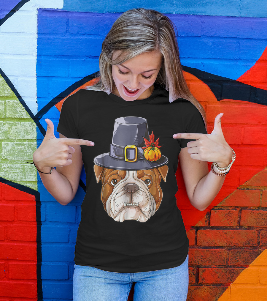 Thanksgiving Kids English Bulldog Pilgrim Hat Pumpkin Maple Leaf T-Shirt
