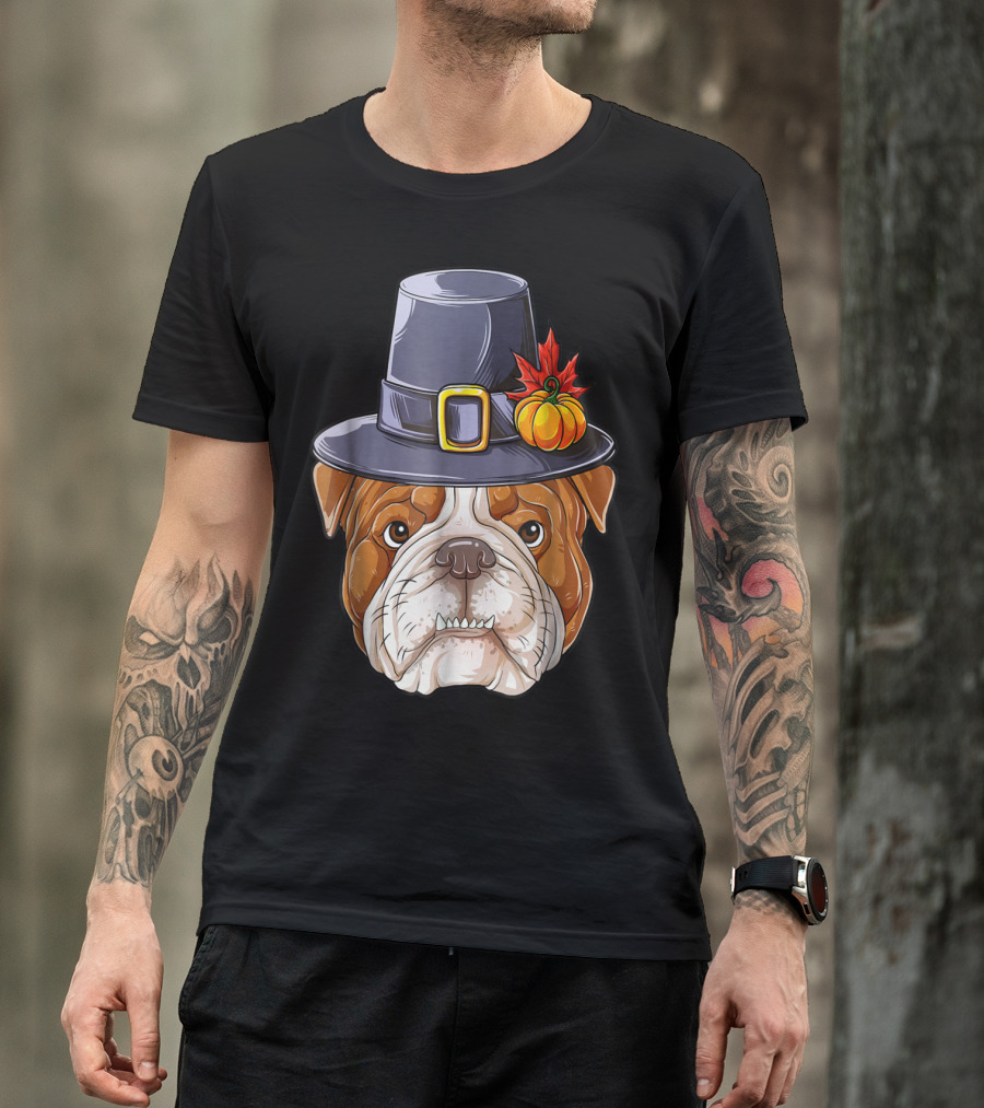 Thanksgiving Kids English Bulldog Pilgrim Hat Pumpkin Maple Leaf T-Shirt