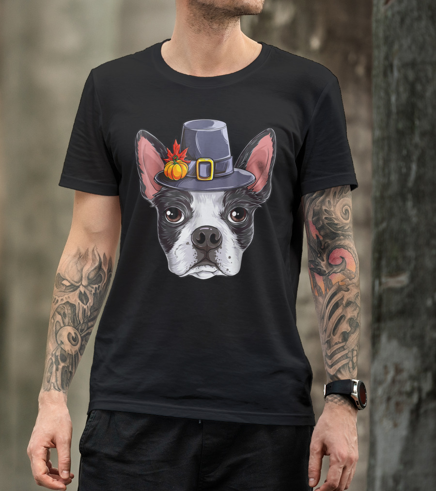 Thanksgiving Boston Terrier Pilgrim Hat Pumpkin T-Shirt