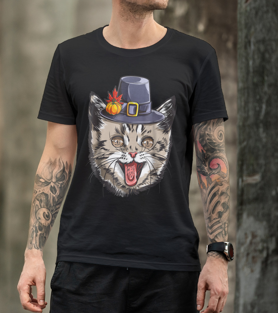 Thanksgiving Cat Pilgrim With Pumpkin Hat IY T-Shirt