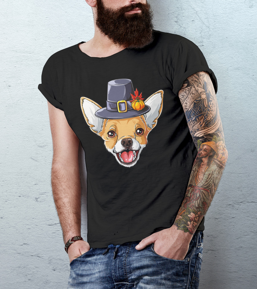 Pilgrim Hat Chihuahua With Thanksgiving Pumpkin And Leaf T-Shirt
