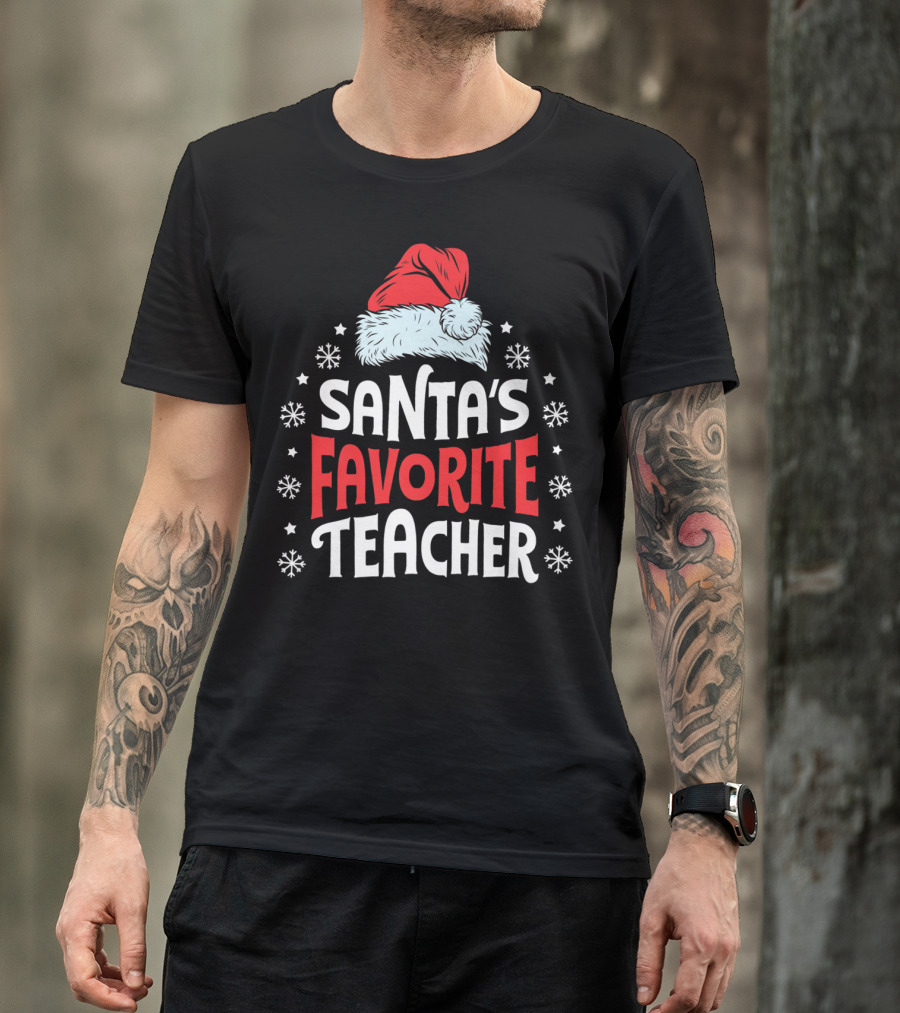 Santa's Favorite Teacher Christmas Women Funny Santa Hat Snowflakes T-Shirt
