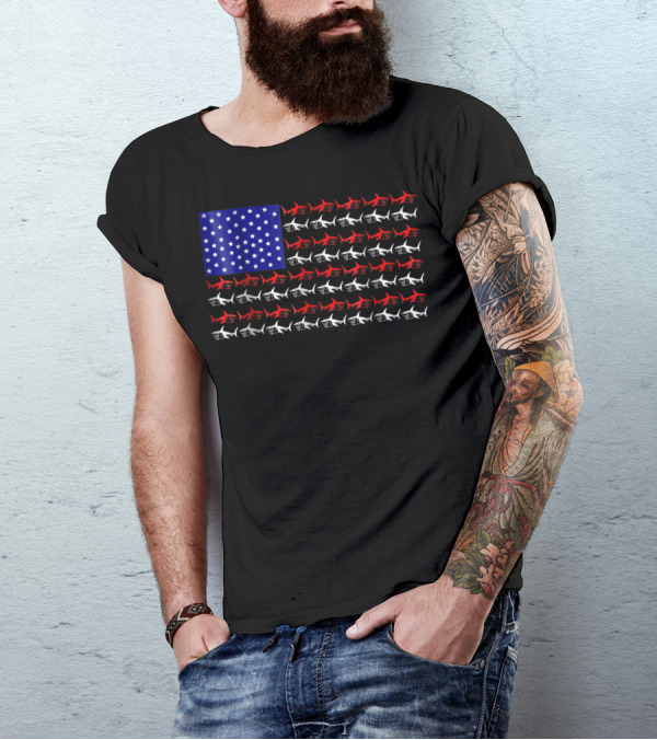 Shark Pattern American Flag 4th Of July Pride T-Shirt