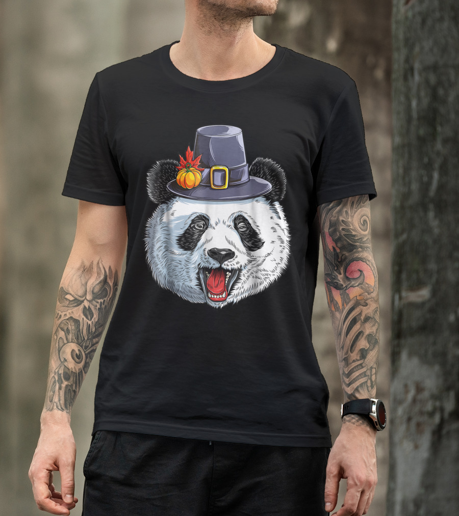 Thanksgiving Panda In Pilgrim Hat With Pumpkin And Leaves T-Shirt