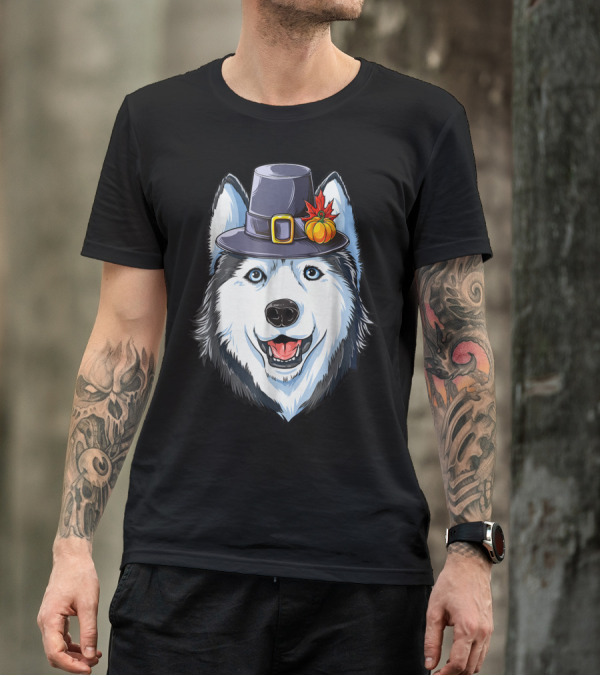 Thanksgiving Pilgrim Hat Siberian Husky With Pumpkin And Maple Leaf T-Shirt