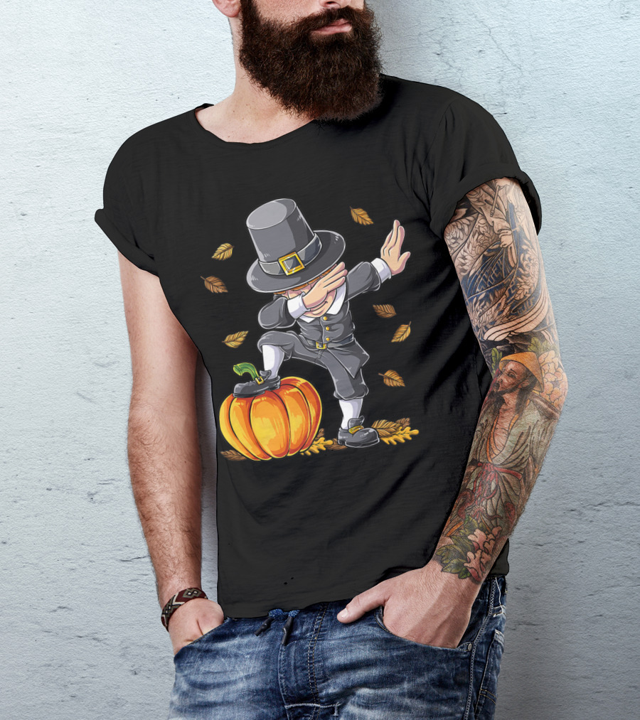 Thanksgiving Dabbing Pilgrim Boy Pumpkin Autumn Leaves T-Shirt