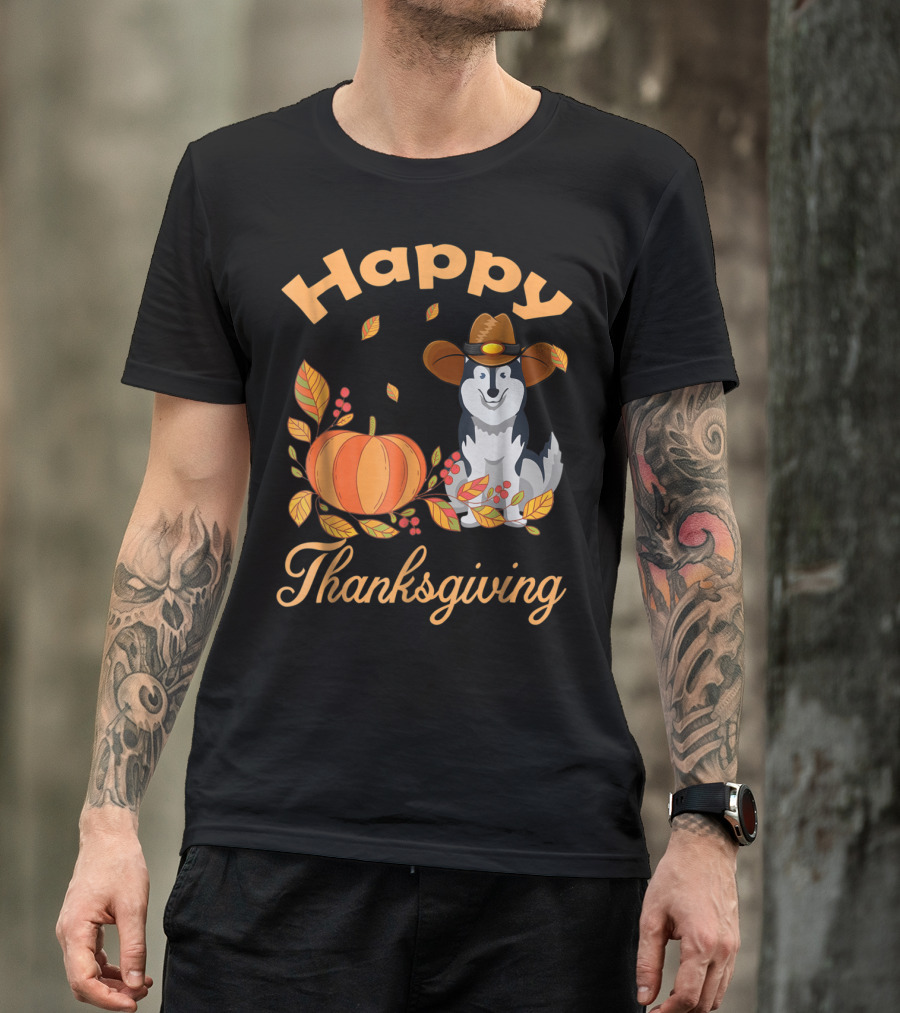 Happy Thanksgiving Siberian Husky With Pumpkin And Fall Leaves T-Shirt