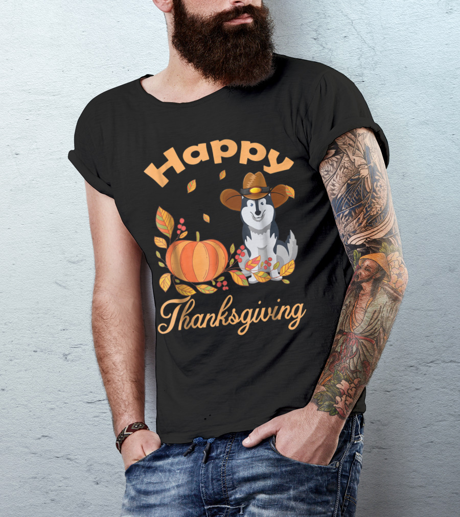 Happy Thanksgiving Siberian Husky With Pumpkin And Fall Leaves T-Shirt