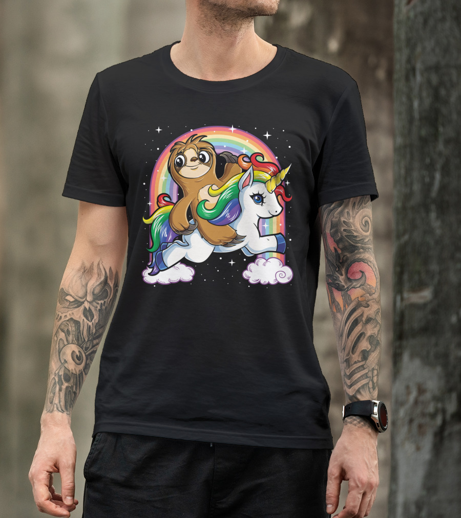 Sloth Riding Unicorn Rainbow Slothicorn Women Kids Fun T-Shirt
