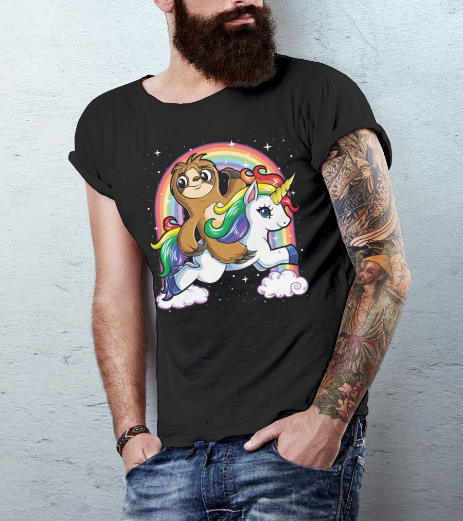 Sloth Riding Unicorn Rainbow Slothicorn Women Kids Fun T-Shirt