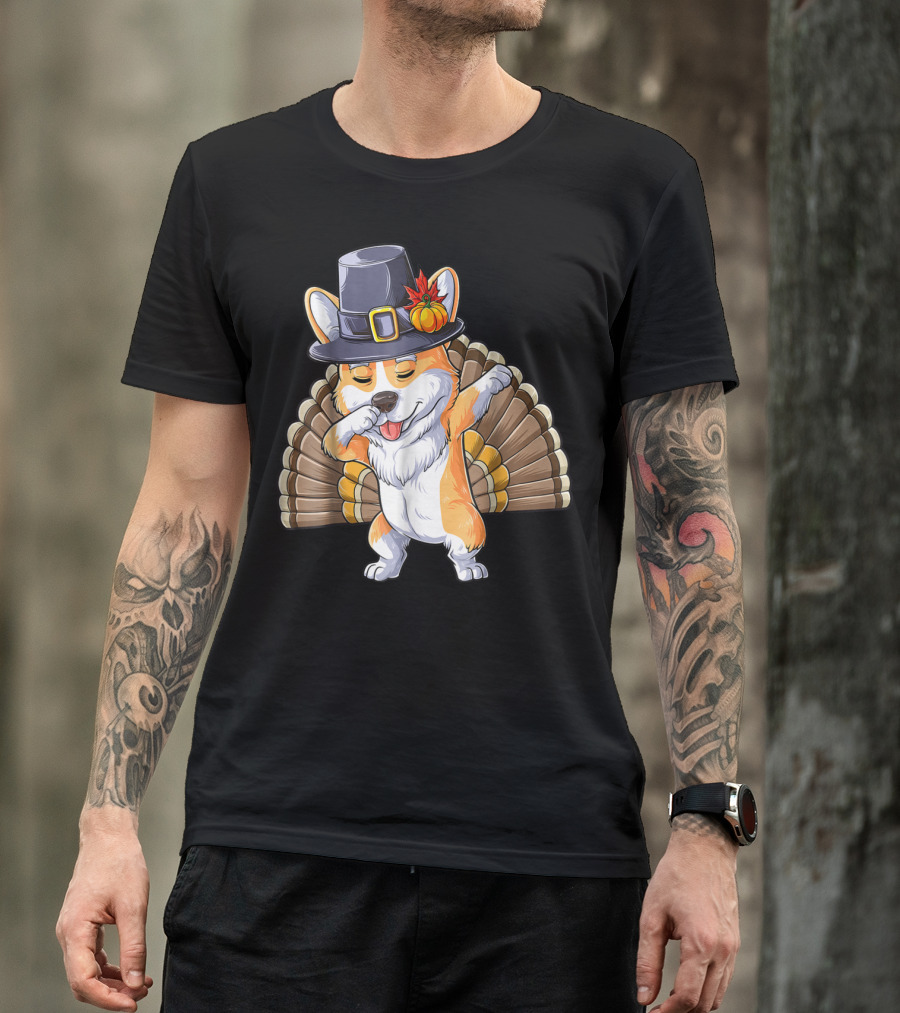 Thanksgiving Pilgrim Corgi Dabbing With Turkey Feathers T-Shirt