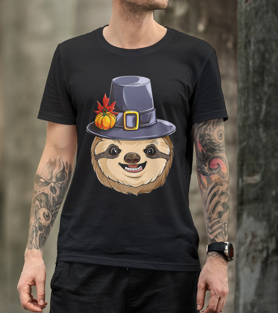 Thanksgiving Sloth With Pilgrim Hat Pumpkin And Autumn Leaves T-Shirt