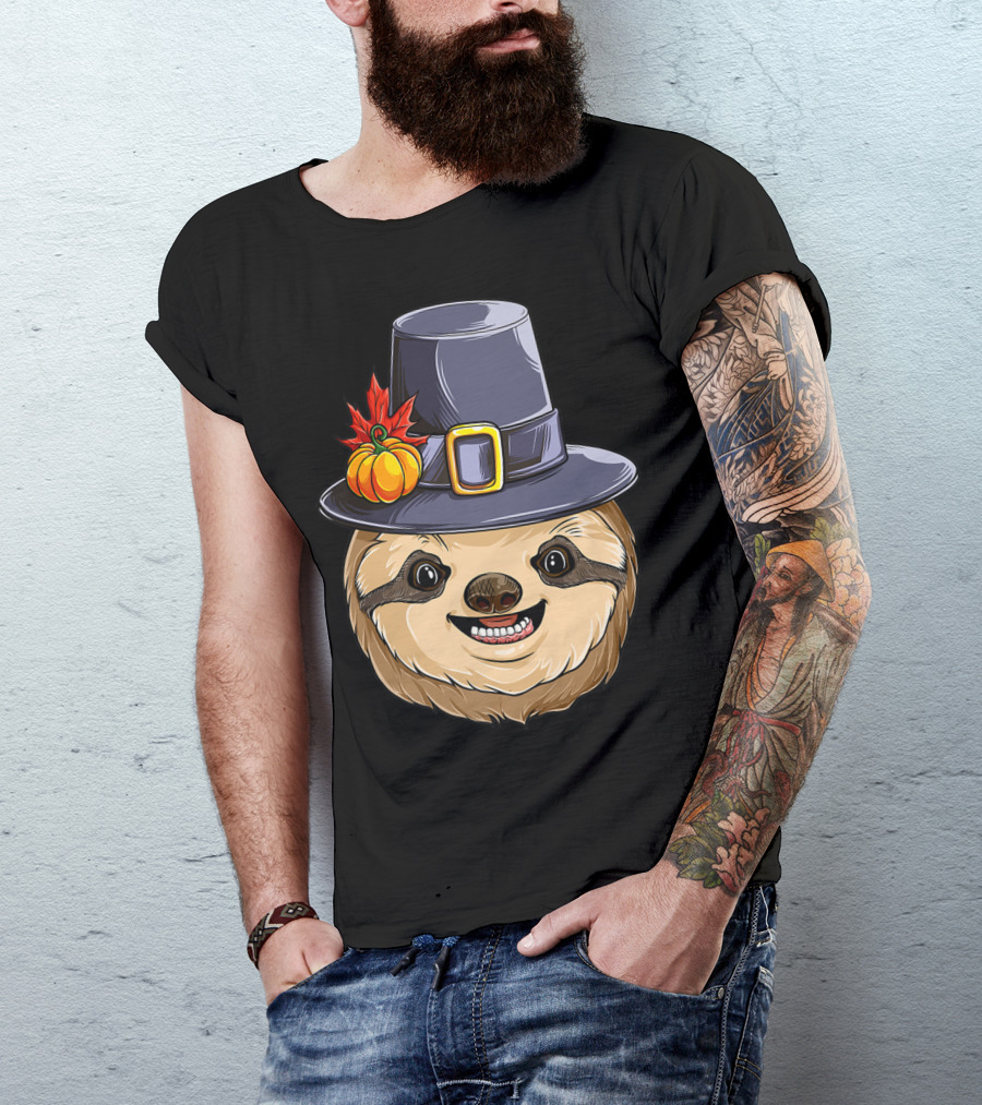 Thanksgiving Sloth With Pilgrim Hat Pumpkin And Autumn Leaves T-Shirt