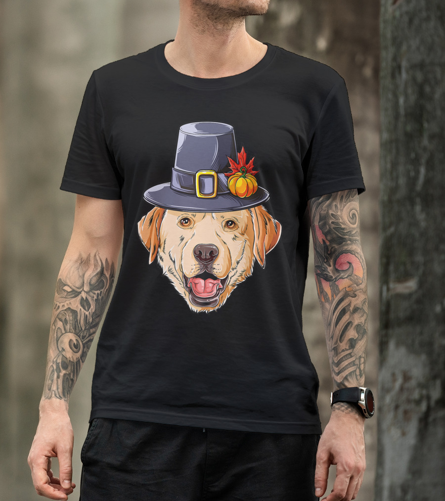 Thanksgiving Dog In Pilgrim Hat With Pumpkin And Leaf T-Shirt
