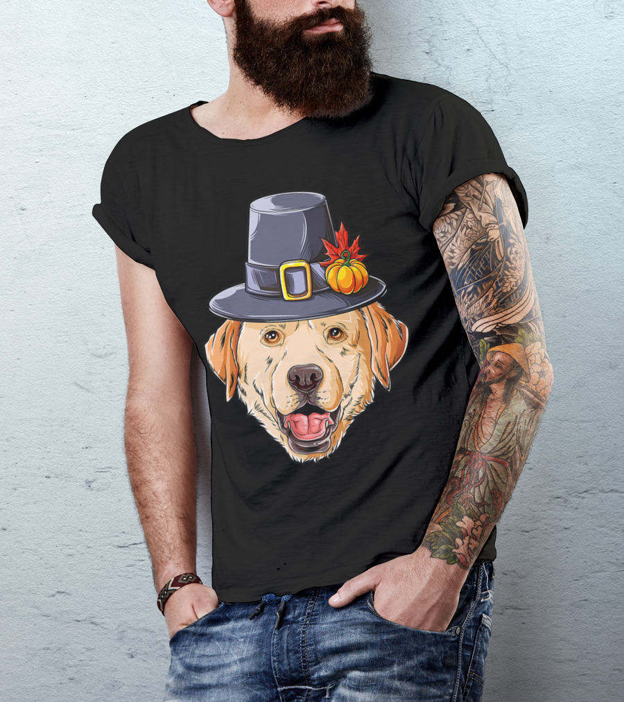 Thanksgiving Dog In Pilgrim Hat With Pumpkin And Leaf T-Shirt