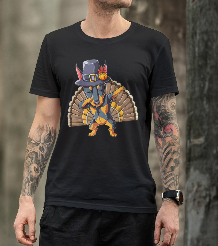 Thanksgiving Dabbing Doberman Pilgrim Hat Turkey Feather Background T-Shirt