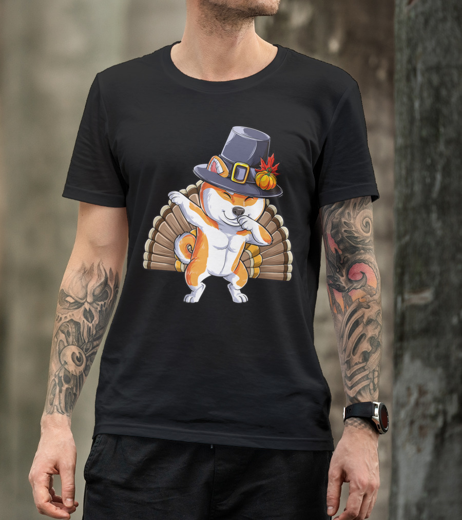 Thanksgiving Dabbing Shiba Inu Pilgrim Hat Turkey Background T-Shirt