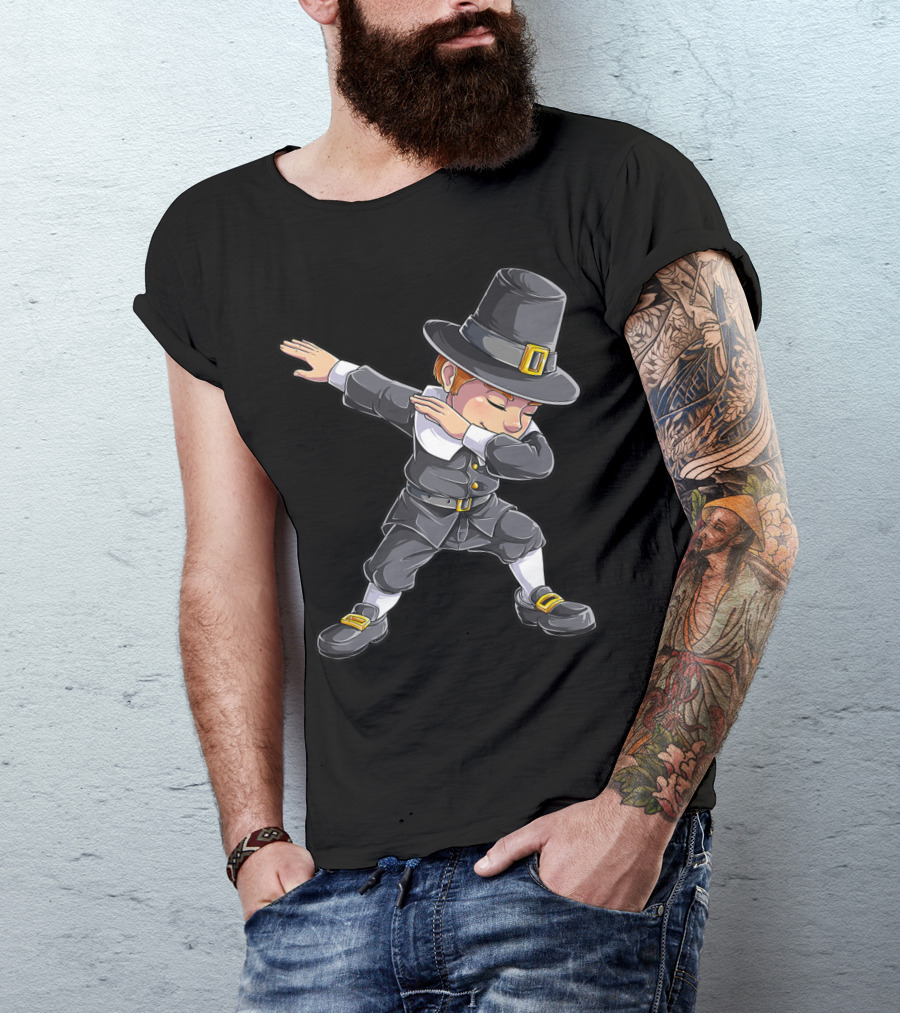 Thanksgiving Pilgrim Dabbing Celebration With Pilgrim Hat And Buckled Shoes T-Shirt