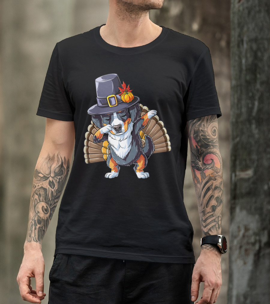 Thanksgiving Dabbing Bernese With Pilgrim Hat And Turkey Tail T-Shirt