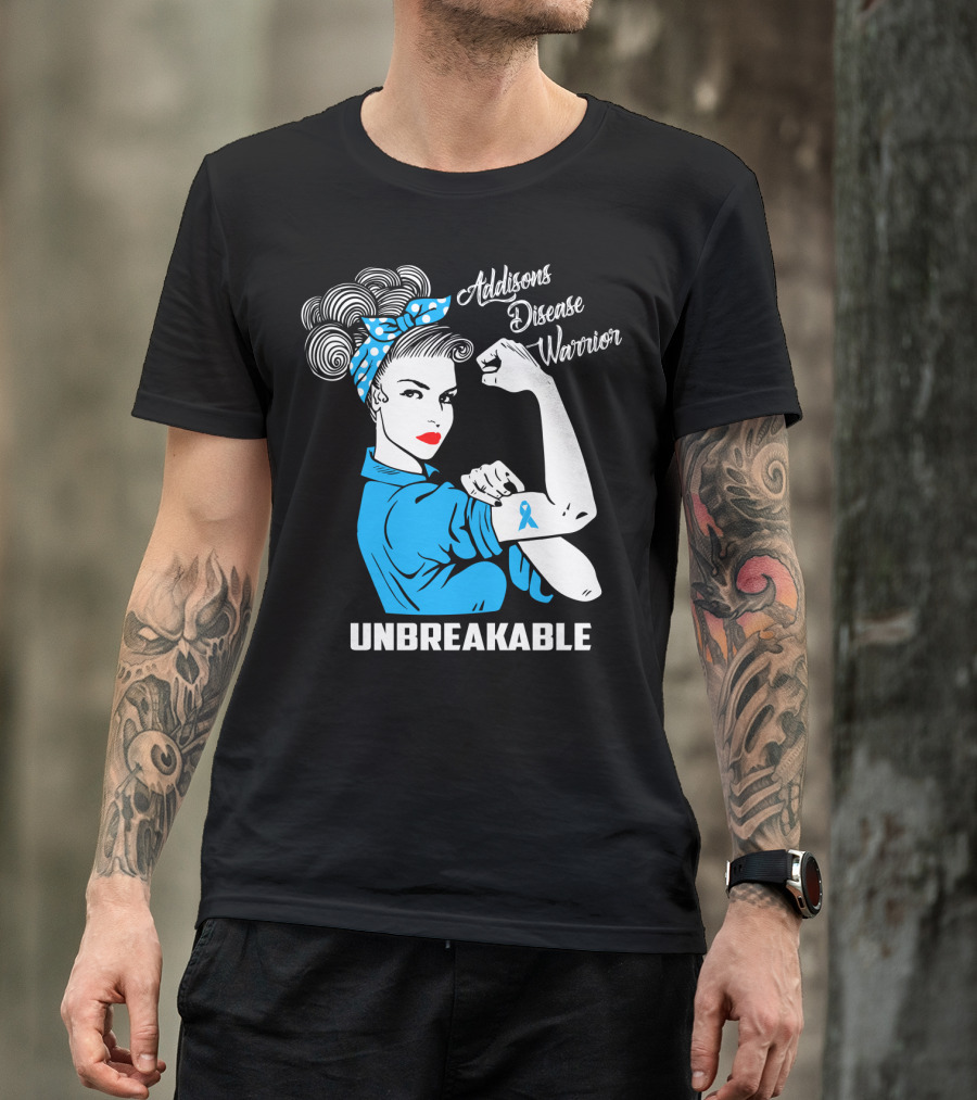 Addisons Disease Warrior Unbreakable Awareness Woman With Ribbon T-Shirt