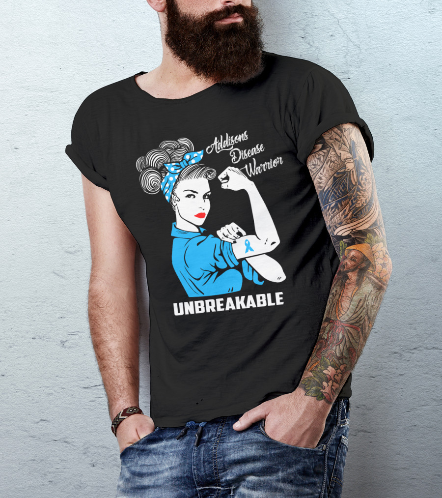 Addisons Disease Warrior Unbreakable Awareness Woman With Ribbon T-Shirt