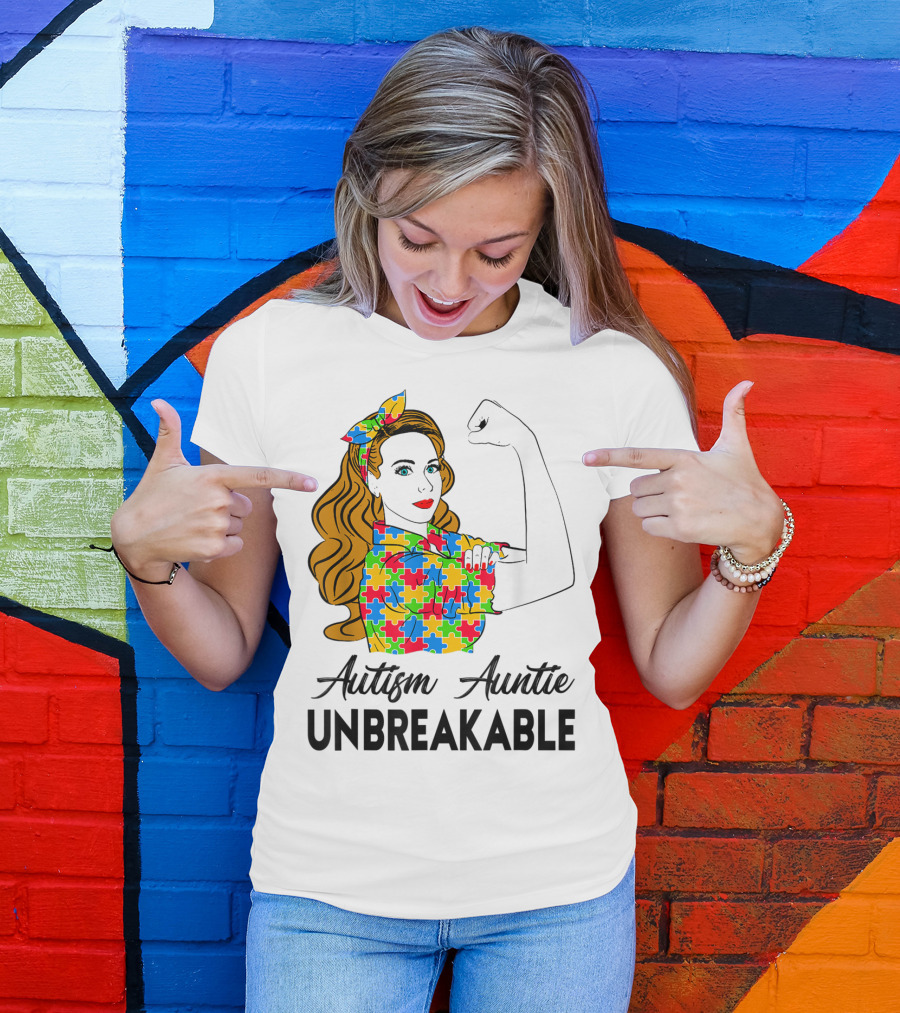Unbreakable Auntie Autism Awareness Puzzle Colors Rosie The Riveter T-Shirt