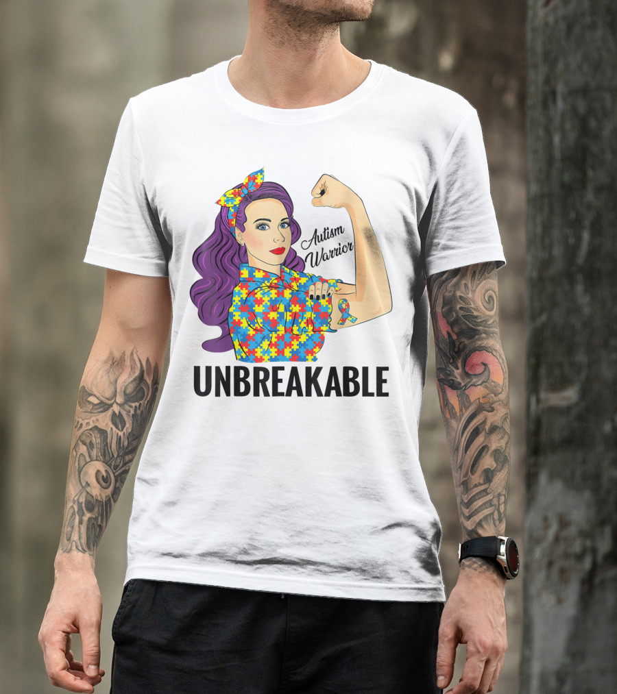 Autism Awareness Warrior Unbreakable Puzzle Ribbon Rosie The Riveter T-Shirt
