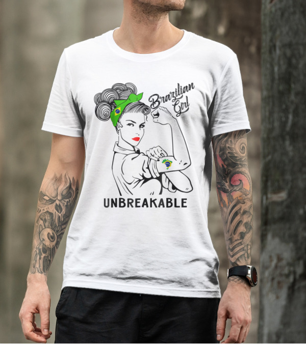 Brazilian Girl Unbreakable With Brazil Flag Bandana And Tattoo T-Shirt