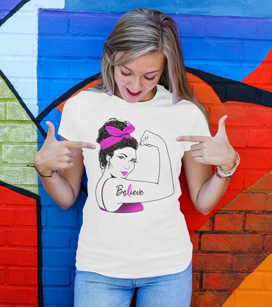 Breast Cancer Believe Unbreakable Rosie Pink Ribbon Power T-Shirt