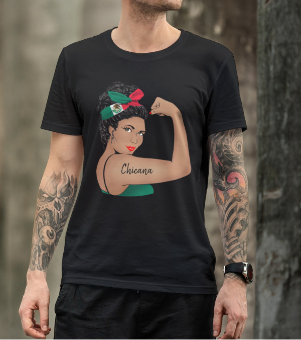 Chicana Girl Flexing With Mexican Flag Hair Wrap Unbreakable Strong T-Shirt