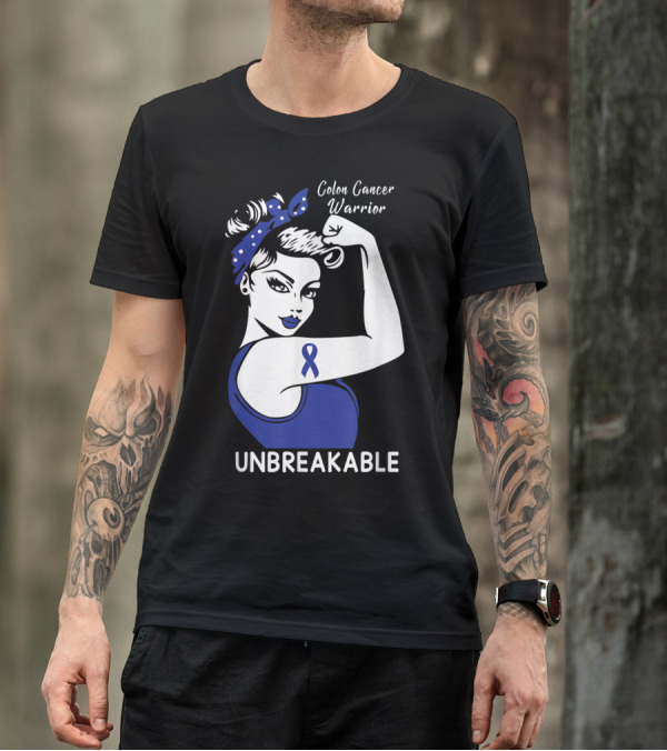 Colon Cancer Warrior Unbreakable Strength Ribbon Rosie The Riveter Inspired T-Shirt