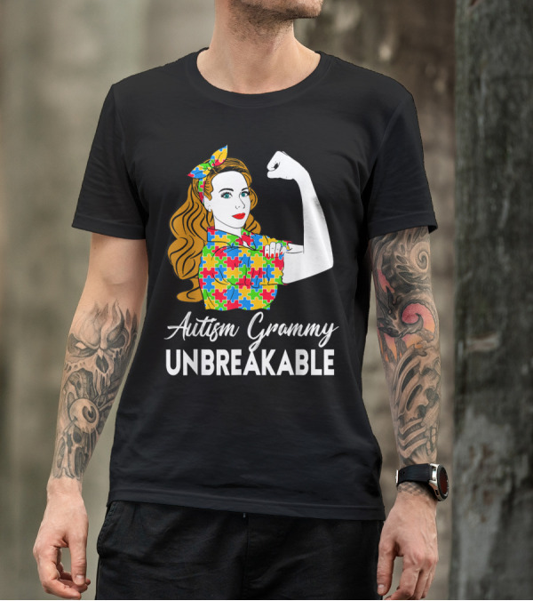 Autism Grammy Unbreakable Rosie Riveter Puzzle Piece Awareness T-Shirt