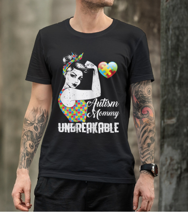 Autism Mommy Unbreakable Puzzle Heart Rosie The Riveter T-Shirt