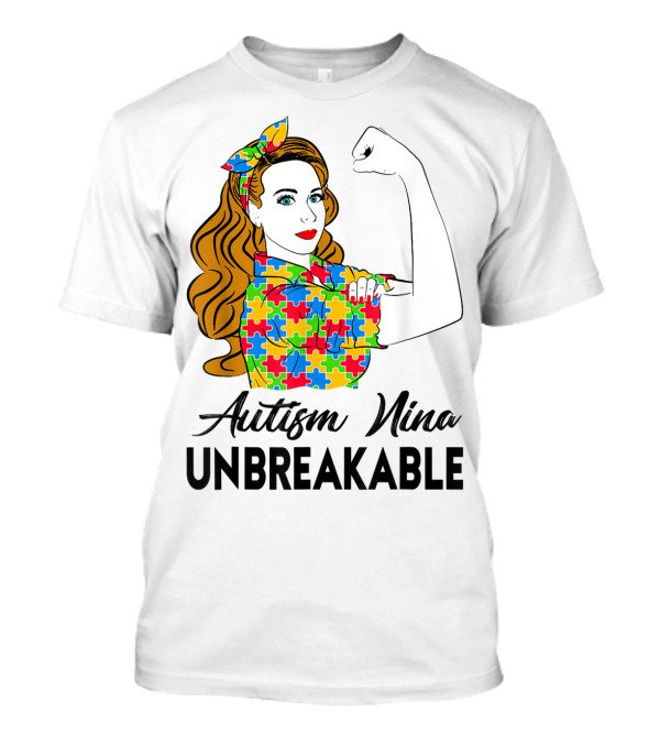 Autism Nina Unbreakable Puzzle Pattern Rosie Riveter Style Awareness T-Shirt