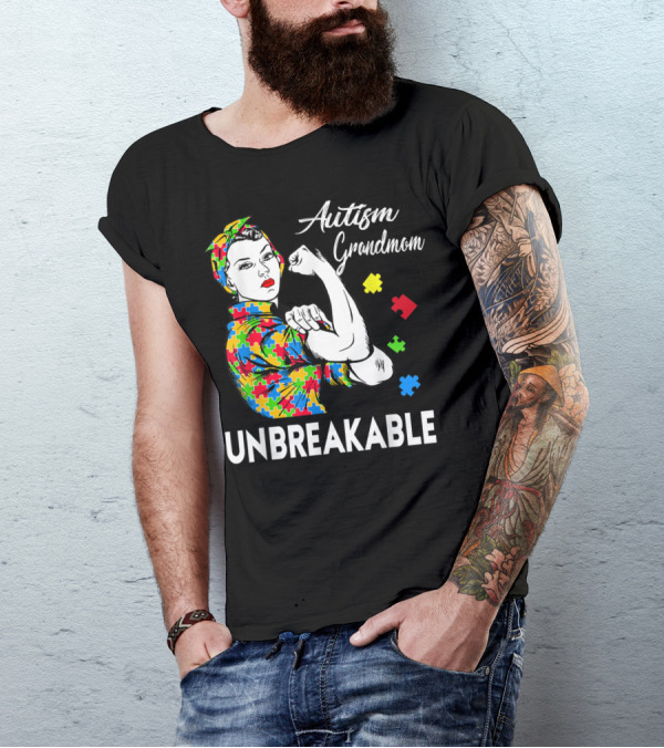 Unbreakable Autism Grandmom Autism Awareness Puzzle Pieces T-Shirt
