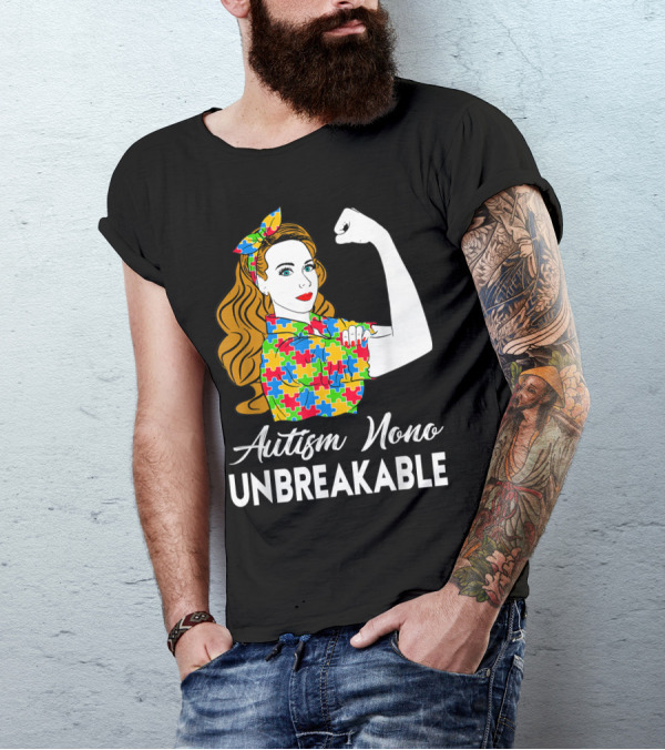 Autism Nono Unbreakable Autism Awareness Puzzle Pattern Rosie The Riveter T-Shirt