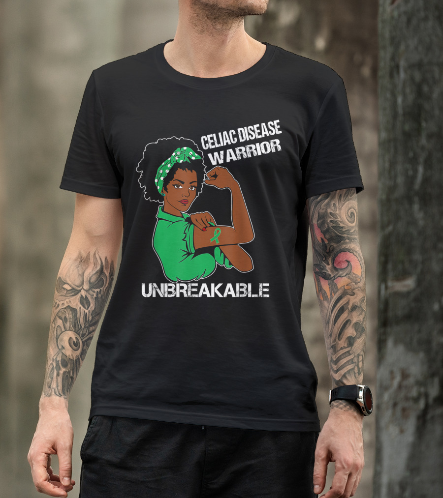 Celiac Disease Warrior Unbreakable With Empowering Arm Pose And Green Awareness T-Shirt