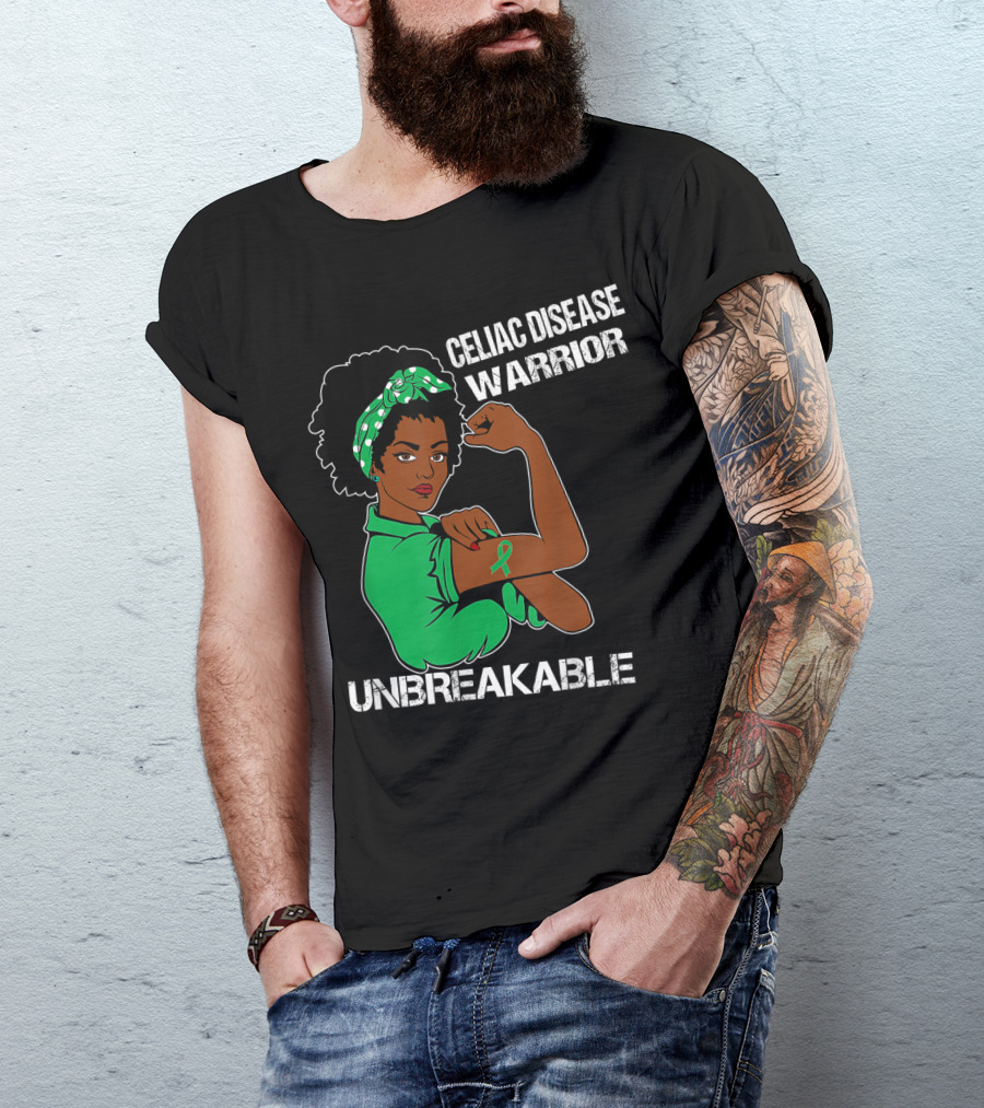 Celiac Disease Warrior Unbreakable With Empowering Arm Pose And Green Awareness T-Shirt