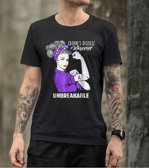Crohn's Disease Warrior Unbreakable Awareness With Purple Ribbon Rosie The Riveter T-Shirt